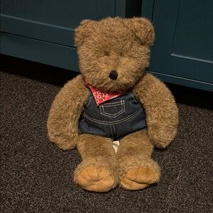 Charming Build a bear Teddy Bear with Denim overalls and red bandanna